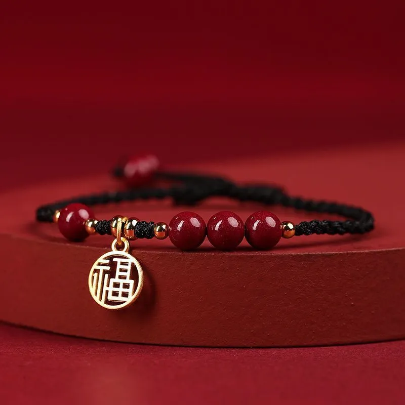 Cinnabar Ashore examination blessing bracelet with braided rope wristband and traditional ethnic styling