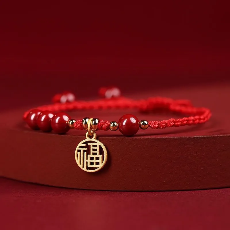 Cinnabar Ashore examination blessing bracelet with braided rope wristband and traditional ethnic styling
