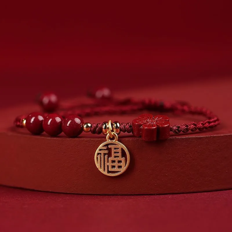 Cinnabar Ashore examination blessing bracelet with braided rope wristband and traditional ethnic styling