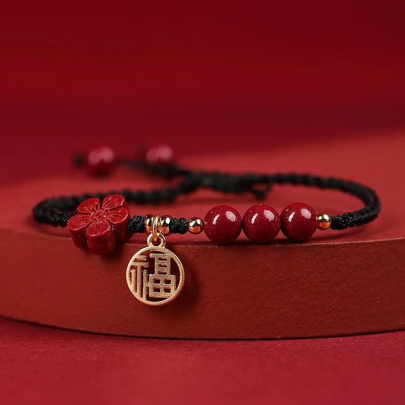 Cinnabar Ashore examination blessing bracelet with braided rope wristband and traditional ethnic styling