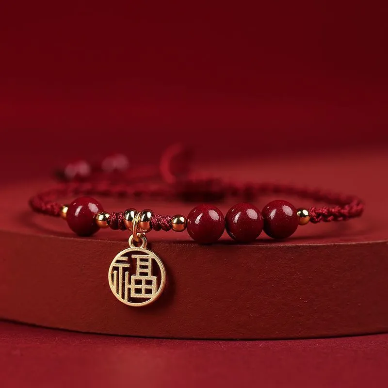 Cinnabar Ashore examination blessing bracelet with braided rope wristband and traditional ethnic styling