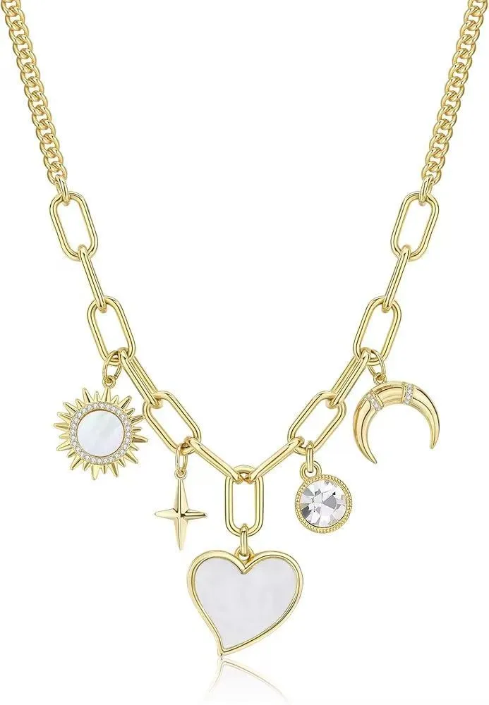 Gold alloy pendant necklace with moon inlaid heart-shaped and star-shaped zircon on a bamboo chain