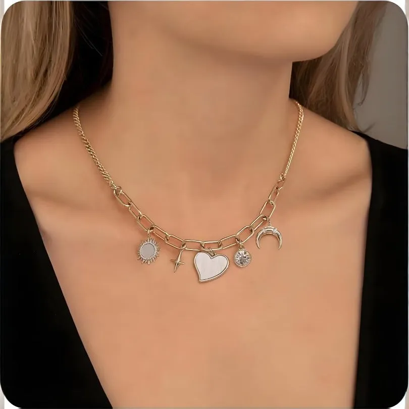 Gold alloy pendant necklace with moon inlaid heart-shaped and star-shaped zircon on a bamboo chain