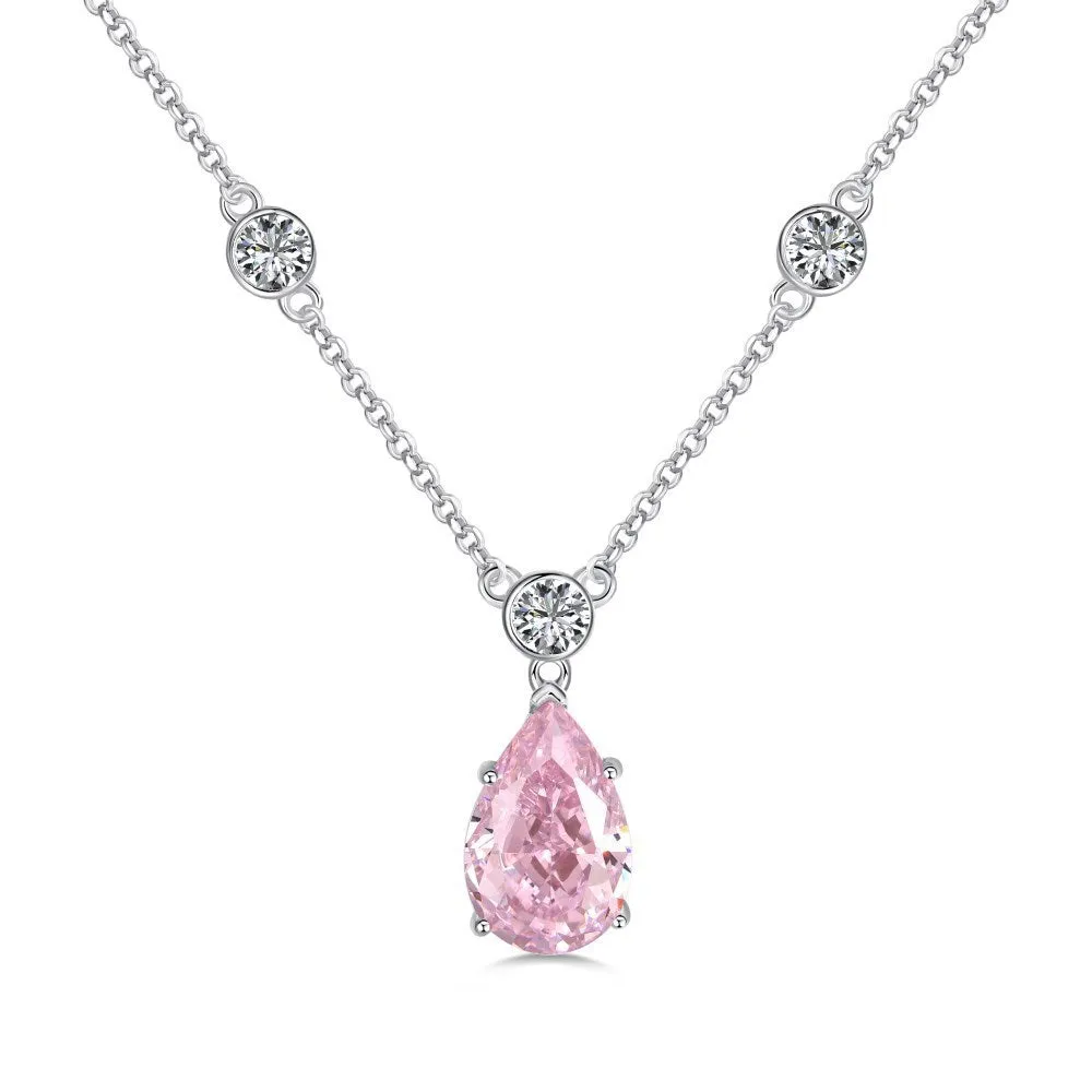 925 silver drop-shaped necklace with electroplated platinum white diamond finish on display