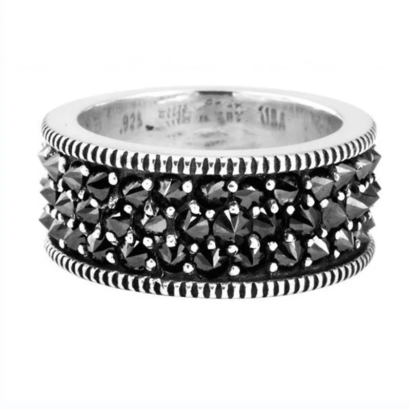 Unisex alloy geometric ring with black zirconia inlay and starry sky design on metal surface