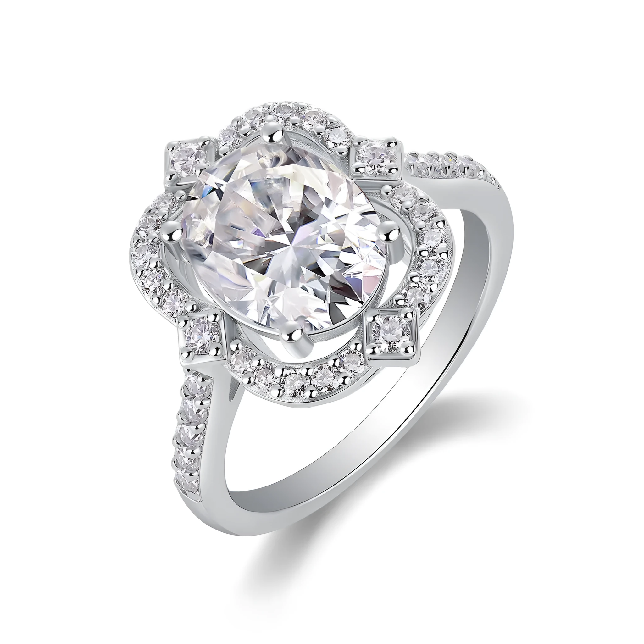 Camellia egg-shaped moissanite wedding ring set with S925 silver and platinum plating, showing centre stone and band