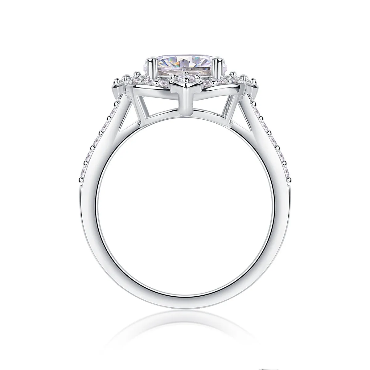 Camellia egg-shaped moissanite wedding ring set with S925 silver and platinum plating, showing centre stone and band