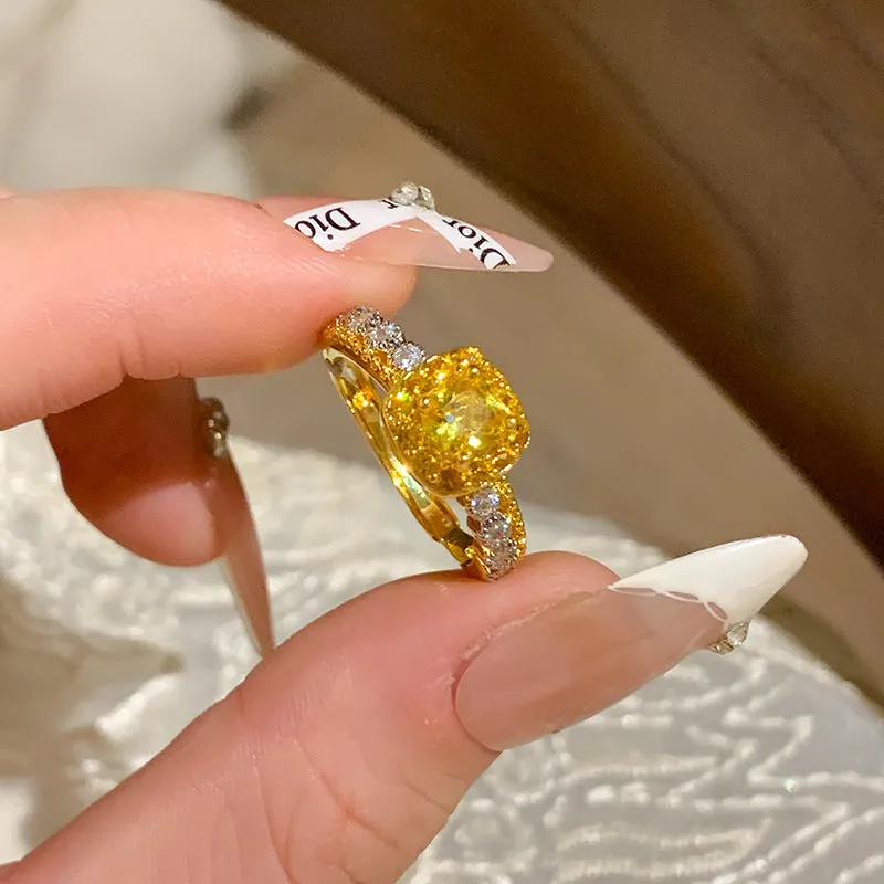 Yellow diamond pineapple cube sugar polished copper geometric ring for women in quadrilateral shape