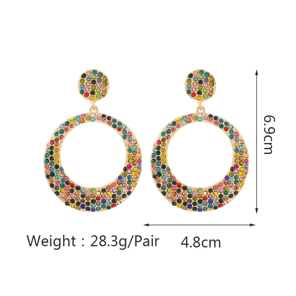 A pair of large colourful alloy pendant earrings with a diamond-shaped round cartoon design.