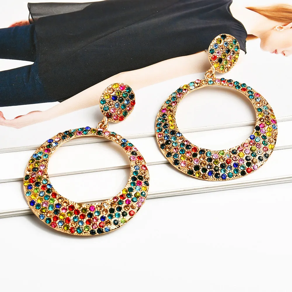 A pair of large colourful alloy pendant earrings with a diamond-shaped round cartoon design.