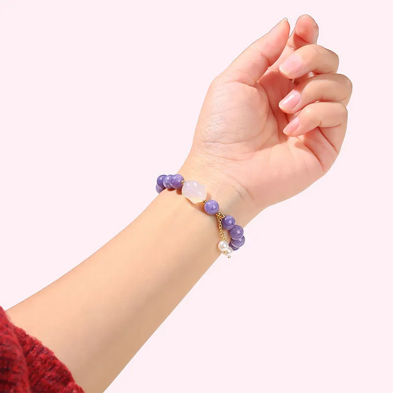 Purple aquamarine and agate rabbit bracelet with geometric beads for women