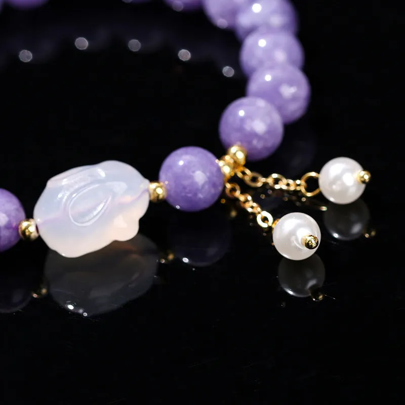 Purple aquamarine and agate rabbit bracelet with geometric beads for women