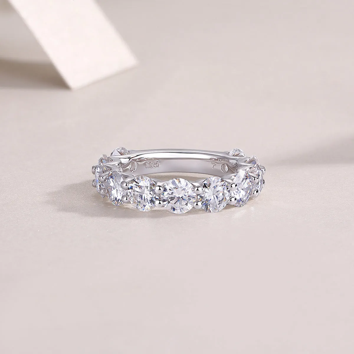 Dazzling Moment round 5.0mm moissanite wedding ring set in platinum-plated S925 silver on gift box with GRA certificate