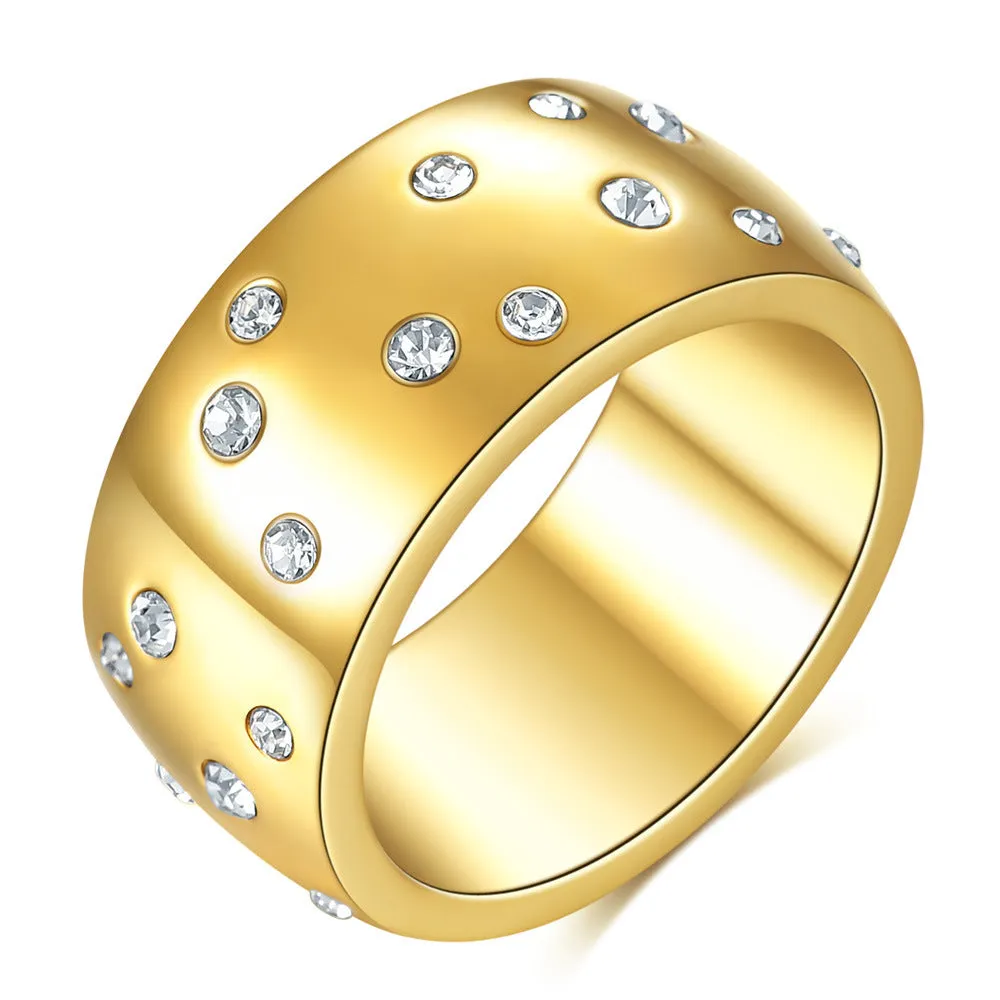 Geometric titanium steel women's couple ring with starry diamond treatment in black, gold, rose gold, and steel.