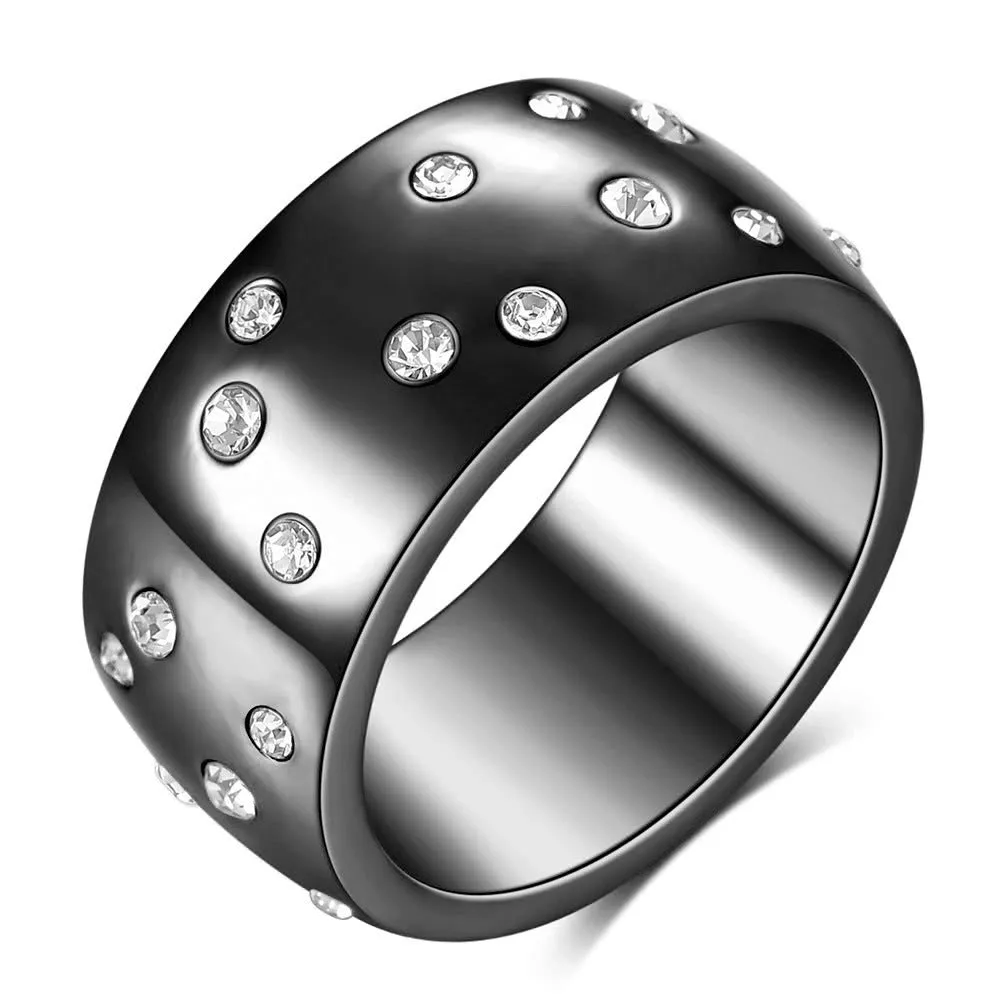 Geometric titanium steel women's couple ring with starry diamond treatment in black, gold, rose gold, and steel.