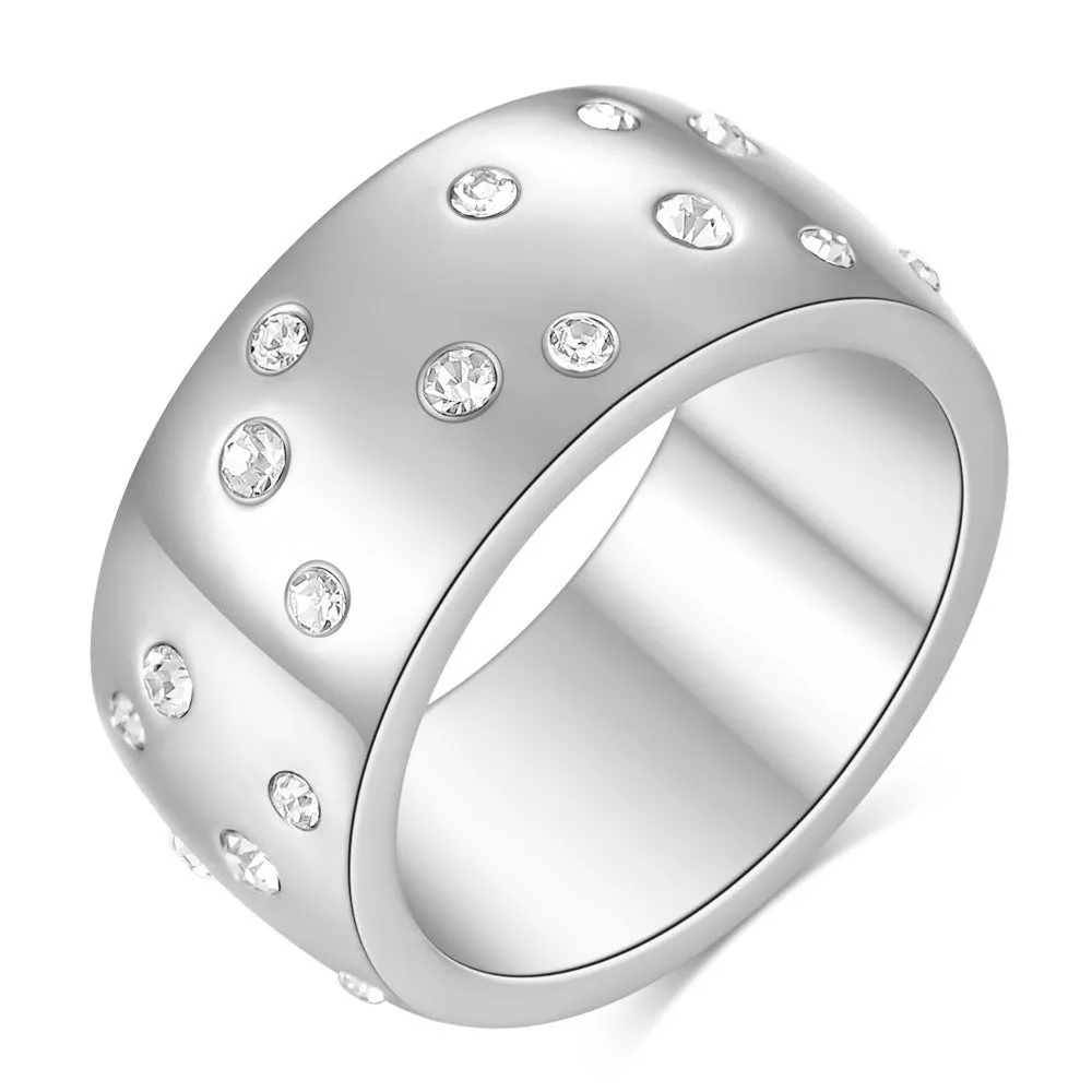 Geometric titanium steel women's couple ring with starry diamond treatment in black, gold, rose gold, and steel.