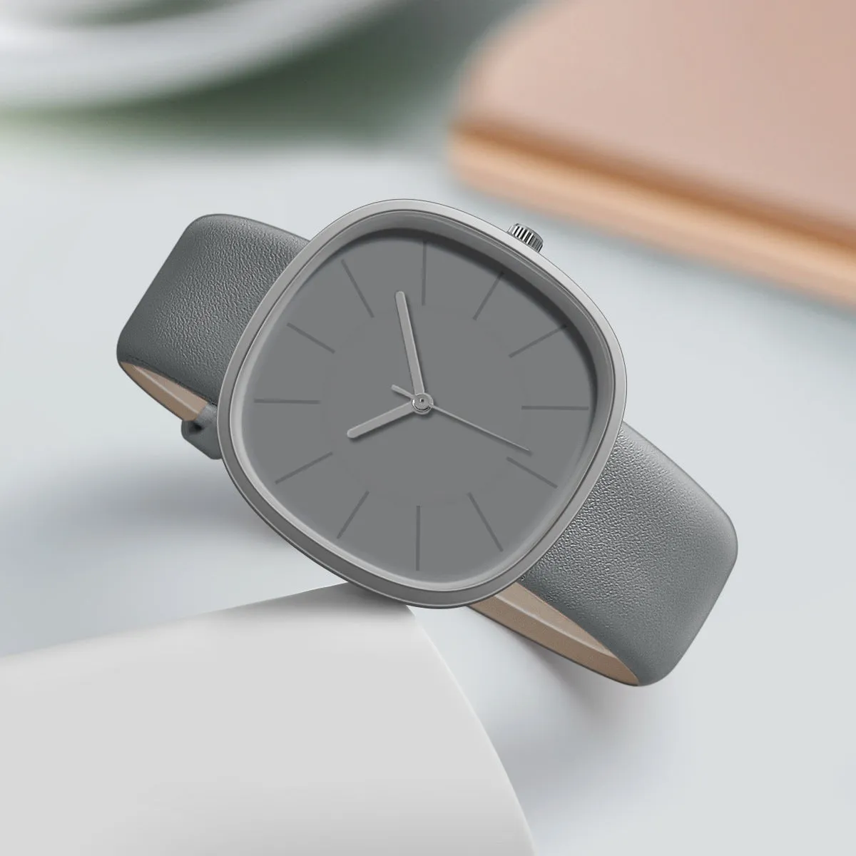 Women's cube sugar square silicone watch with organic glass dial, stainless steel back, pin buckle, available in pink, gray, khaki, light brown, black