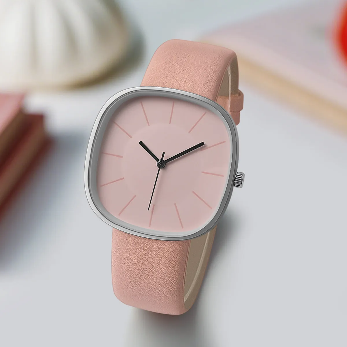 Women's cube sugar square silicone watch with organic glass dial, stainless steel back, pin buckle, available in pink, gray, khaki, light brown, black