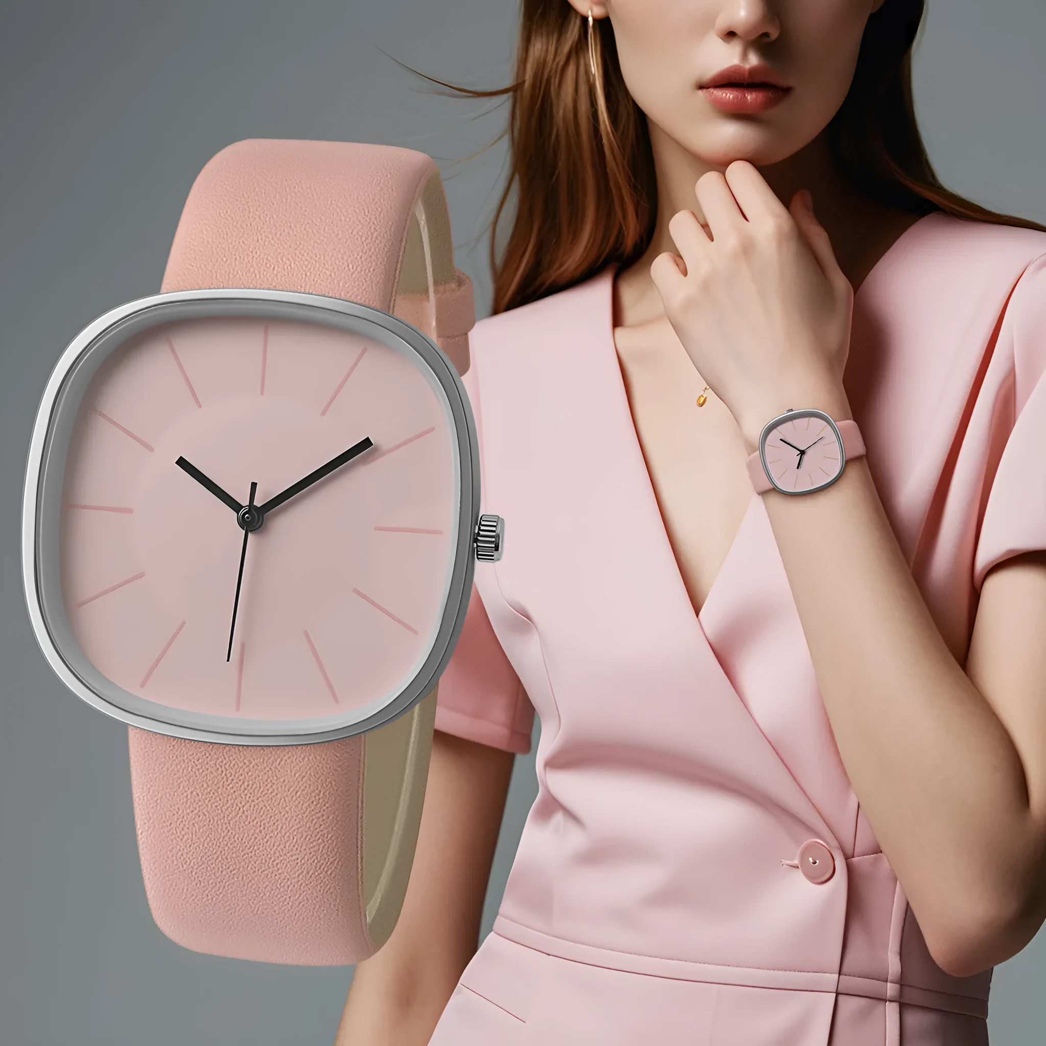 Women's cube sugar square silicone watch with organic glass dial, stainless steel back, pin buckle, available in pink, gray, khaki, light brown, black