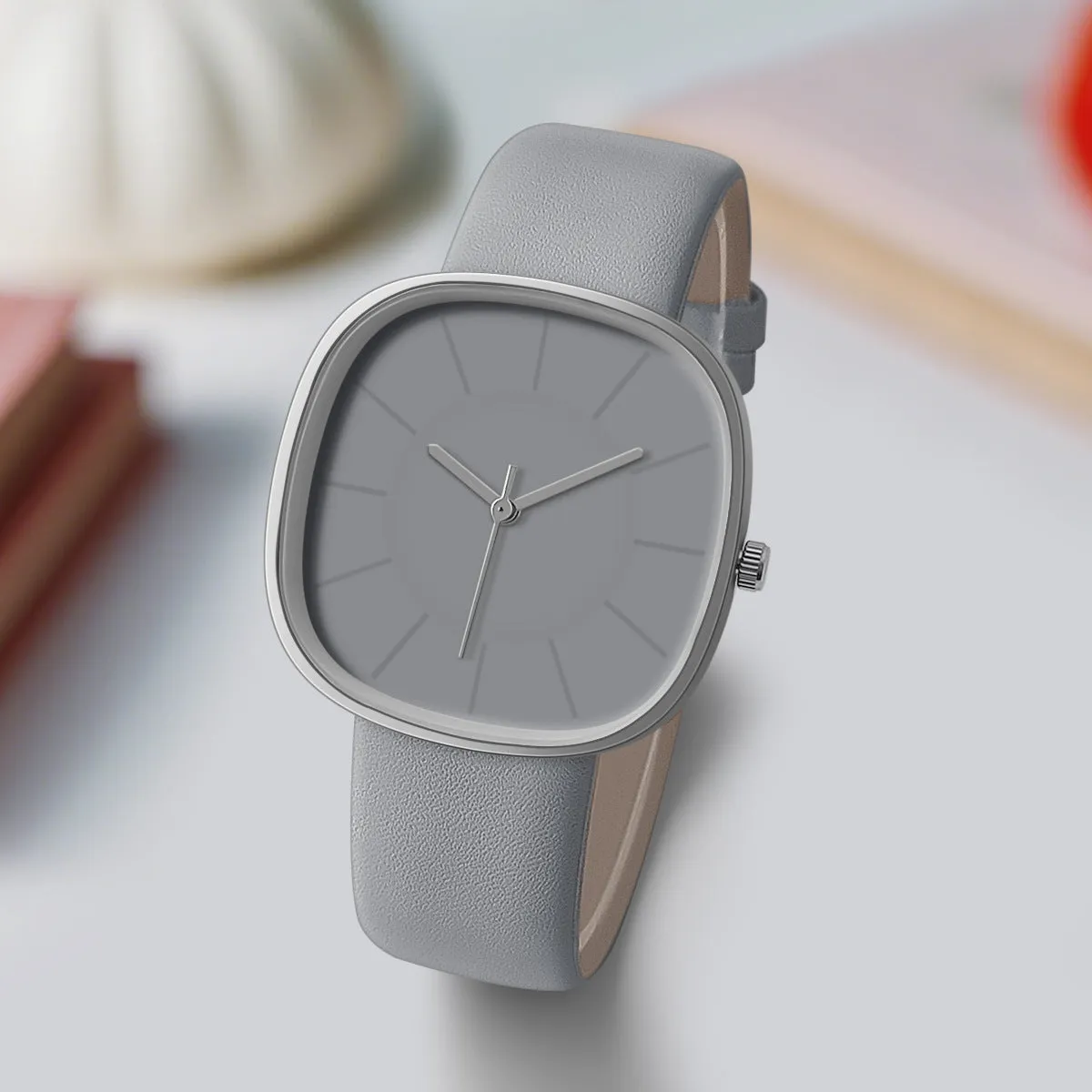 Women's cube sugar square silicone watch with organic glass dial, stainless steel back, pin buckle, available in pink, gray, khaki, light brown, black