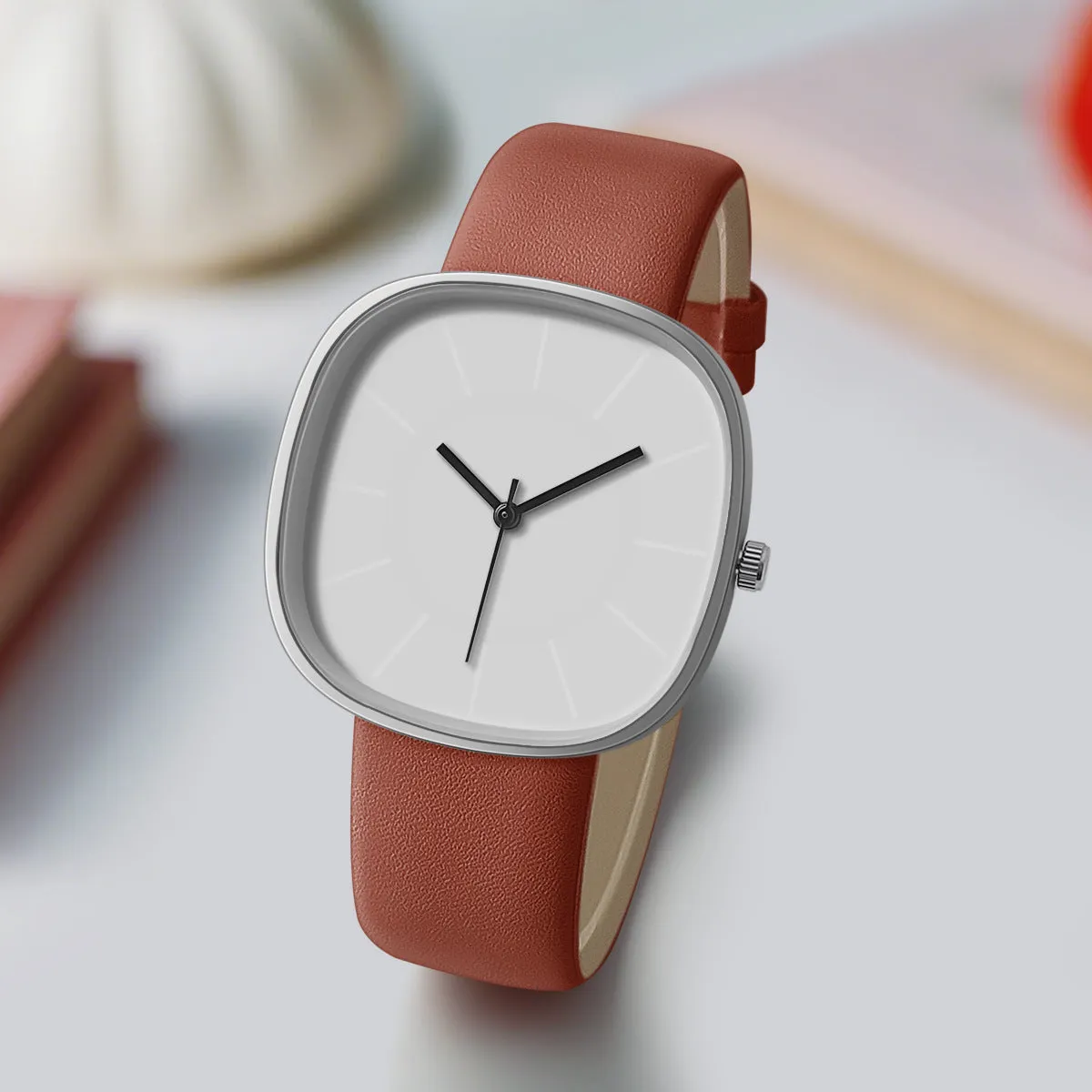 Women's cube sugar square silicone watch with organic glass dial, stainless steel back, pin buckle, available in pink, gray, khaki, light brown, black