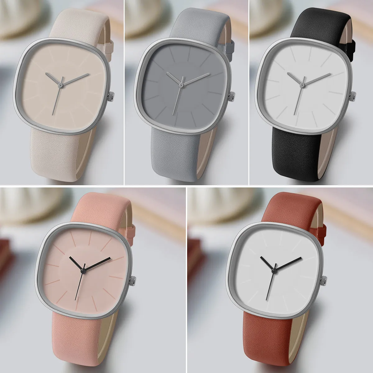 Women's cube sugar square silicone watch with organic glass dial, stainless steel back, pin buckle, available in pink, gray, khaki, light brown, black