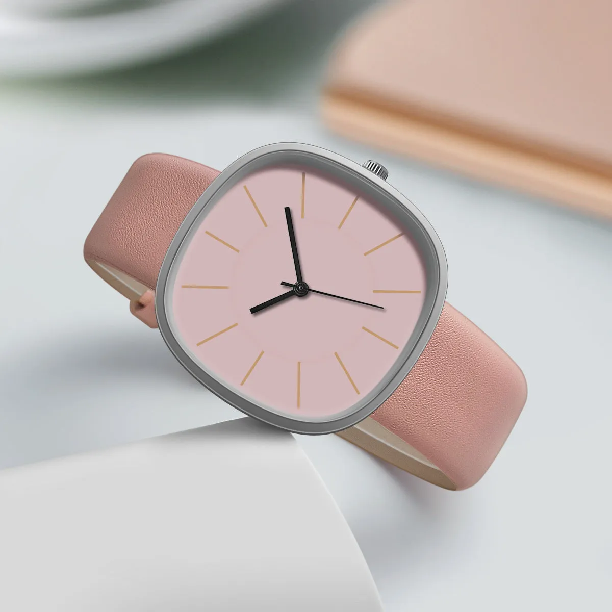 Women's cube sugar square silicone watch with organic glass dial, stainless steel back, pin buckle, available in pink, gray, khaki, light brown, black