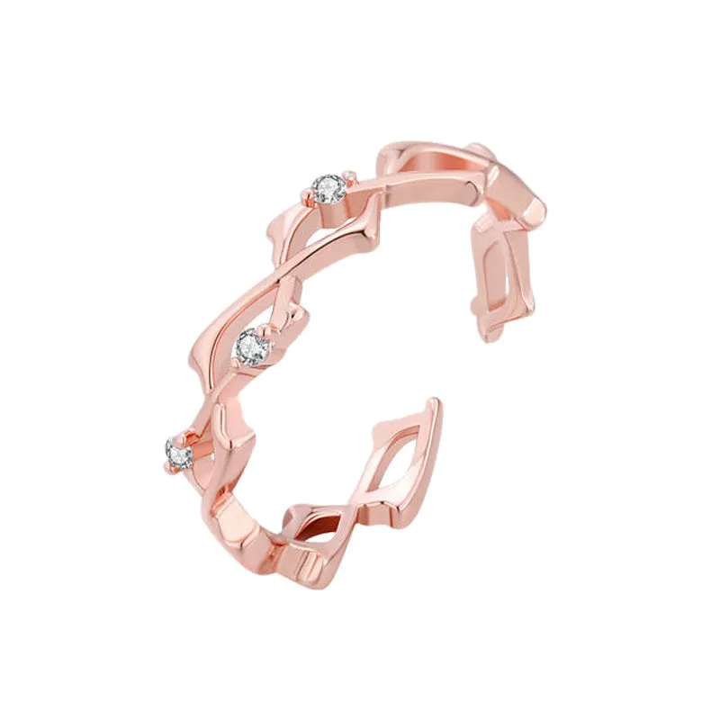 Inlaid zirconium thorns light luxury ring on index finger, rose gold copper, adjustable opening
