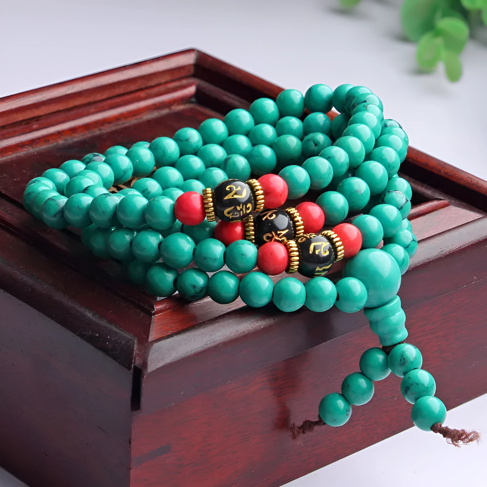 Turquoise Tibetan bracelet with 108 synthetic stone powder beads in 6mm and 8mm sizes