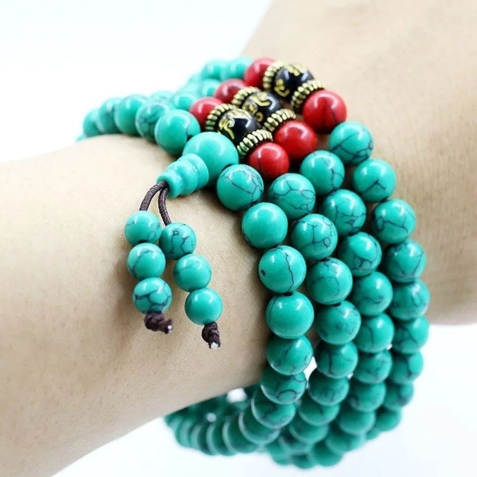 Turquoise Tibetan bracelet with 108 synthetic stone powder beads in 6mm and 8mm sizes