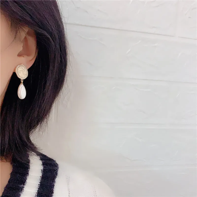 Water drop pearl earrings with micro-inlaid zircon, geometric shape, copper electroplated silver needle finish