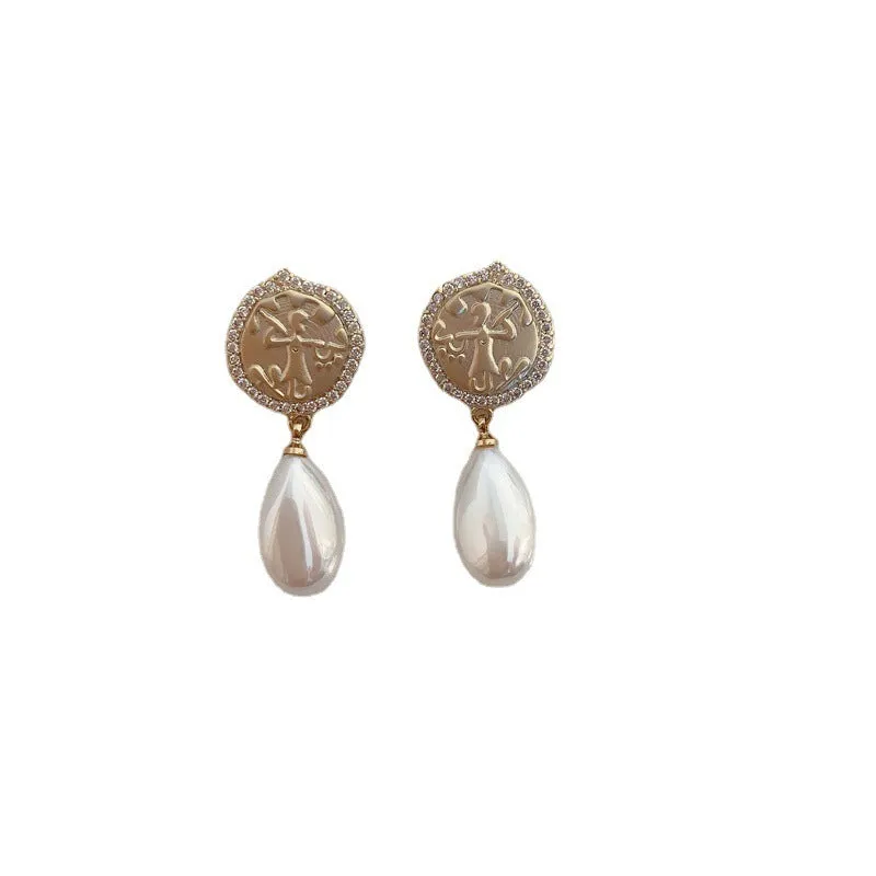 Water drop pearl earrings with micro-inlaid zircon, geometric shape, copper electroplated silver needle finish