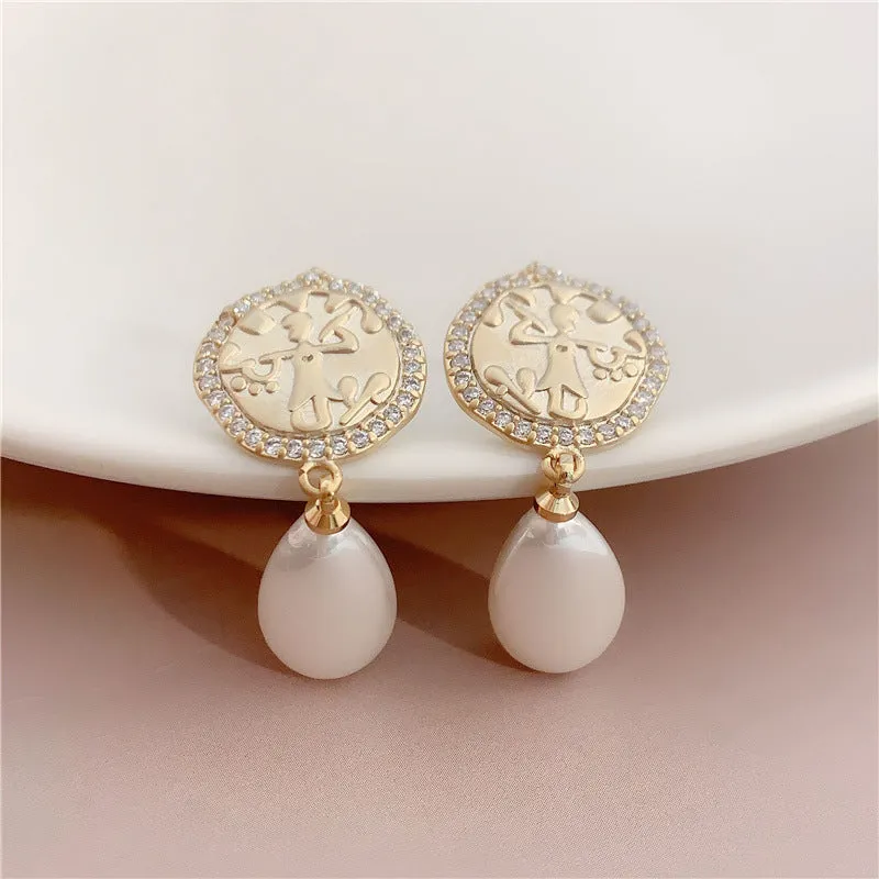 Water drop pearl earrings with micro-inlaid zircon, geometric shape, copper electroplated silver needle finish