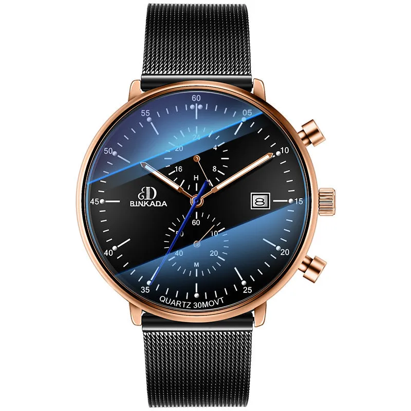 Men's luminous waterproof quartz watch with 40mm dial and black mesh belt on wrist