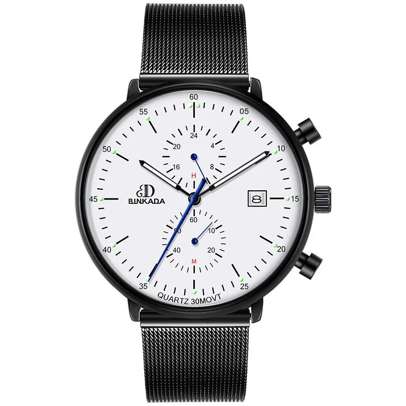 Men's luminous waterproof quartz watch with 40mm dial and black mesh belt on wrist