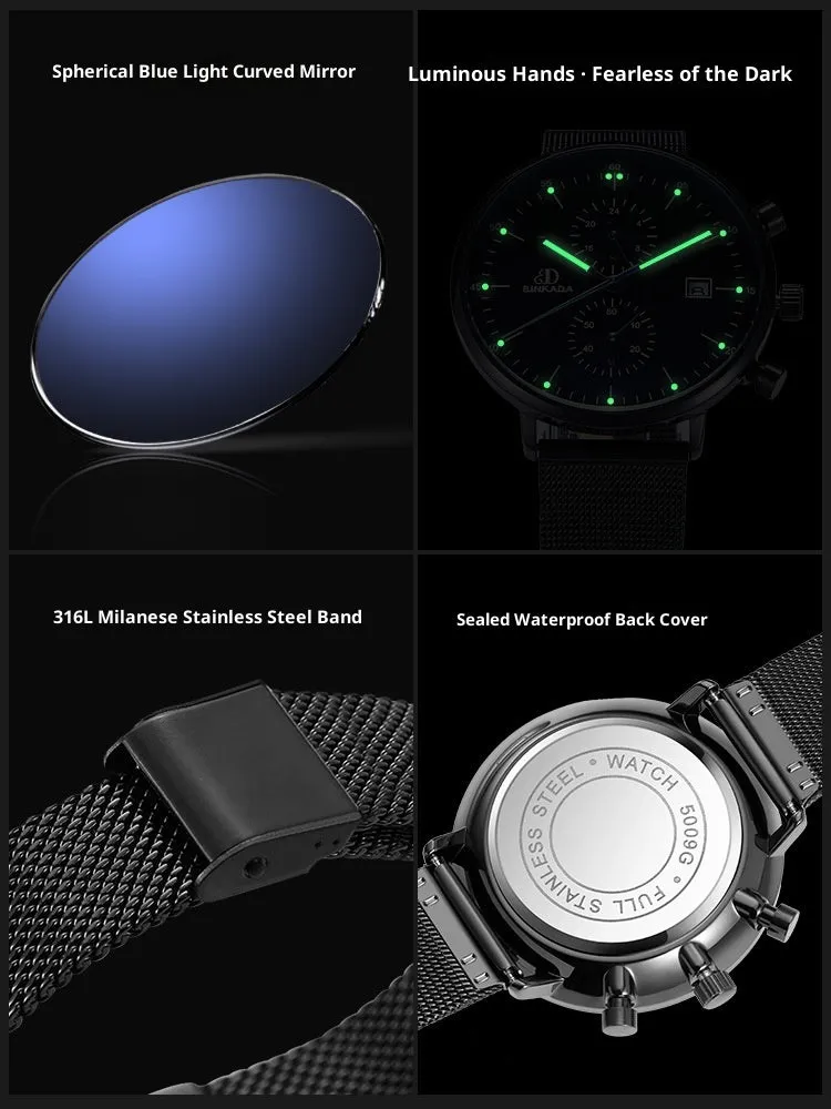 Men's luminous waterproof quartz watch with 40mm dial and black mesh belt on wrist
