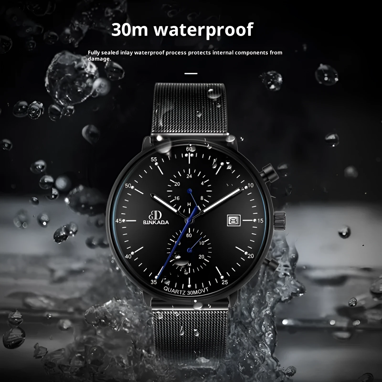 Men's luminous waterproof quartz watch with 40mm dial and black mesh belt on wrist