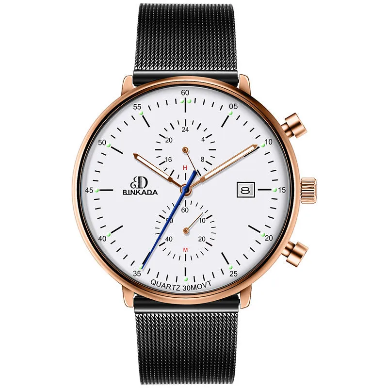 Men's luminous waterproof quartz watch with 40mm dial and black mesh belt on wrist