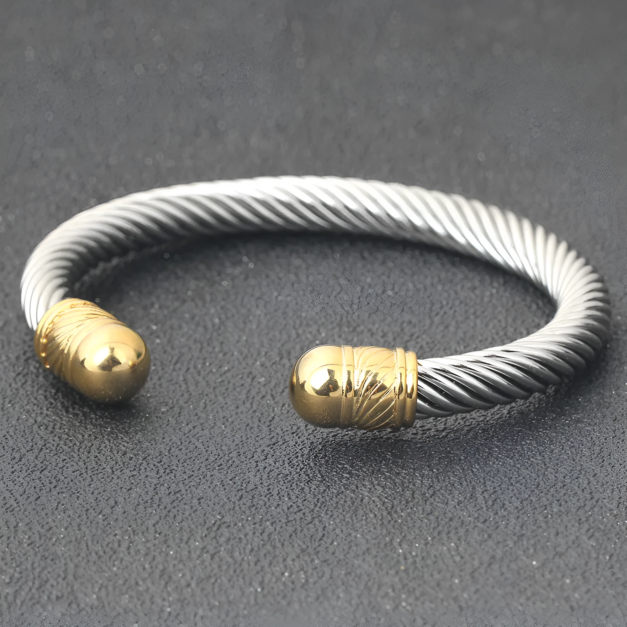 Titanium steel bracelet with 7mm cable opening in gold electroplated finish