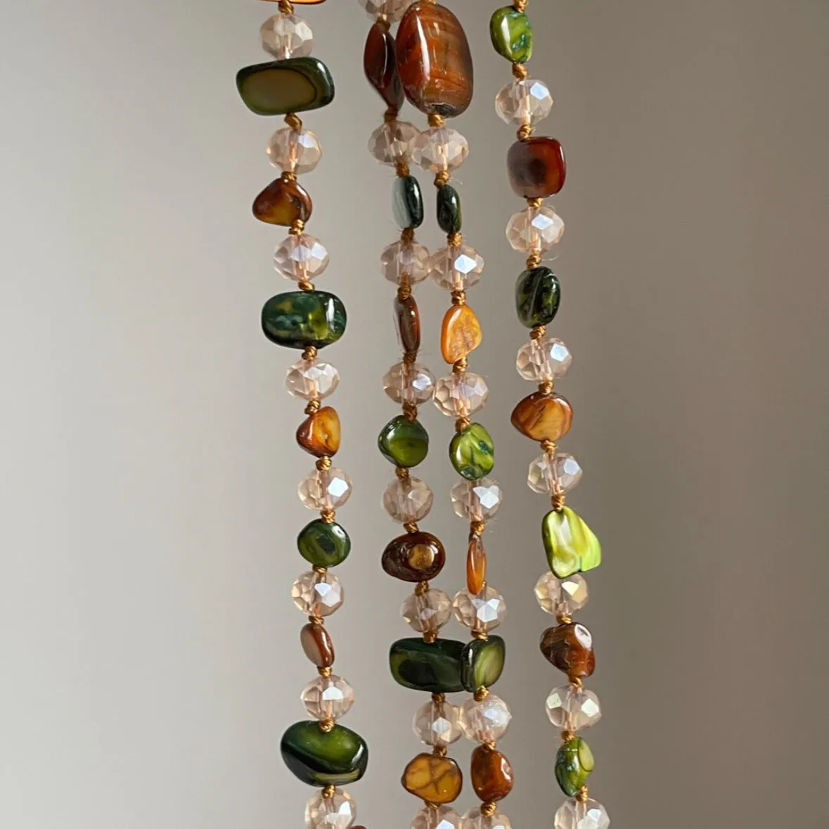 Retro bohemian colorful shell beaded double layer necklace in Coffee Green with mother of pearl geometric pendant