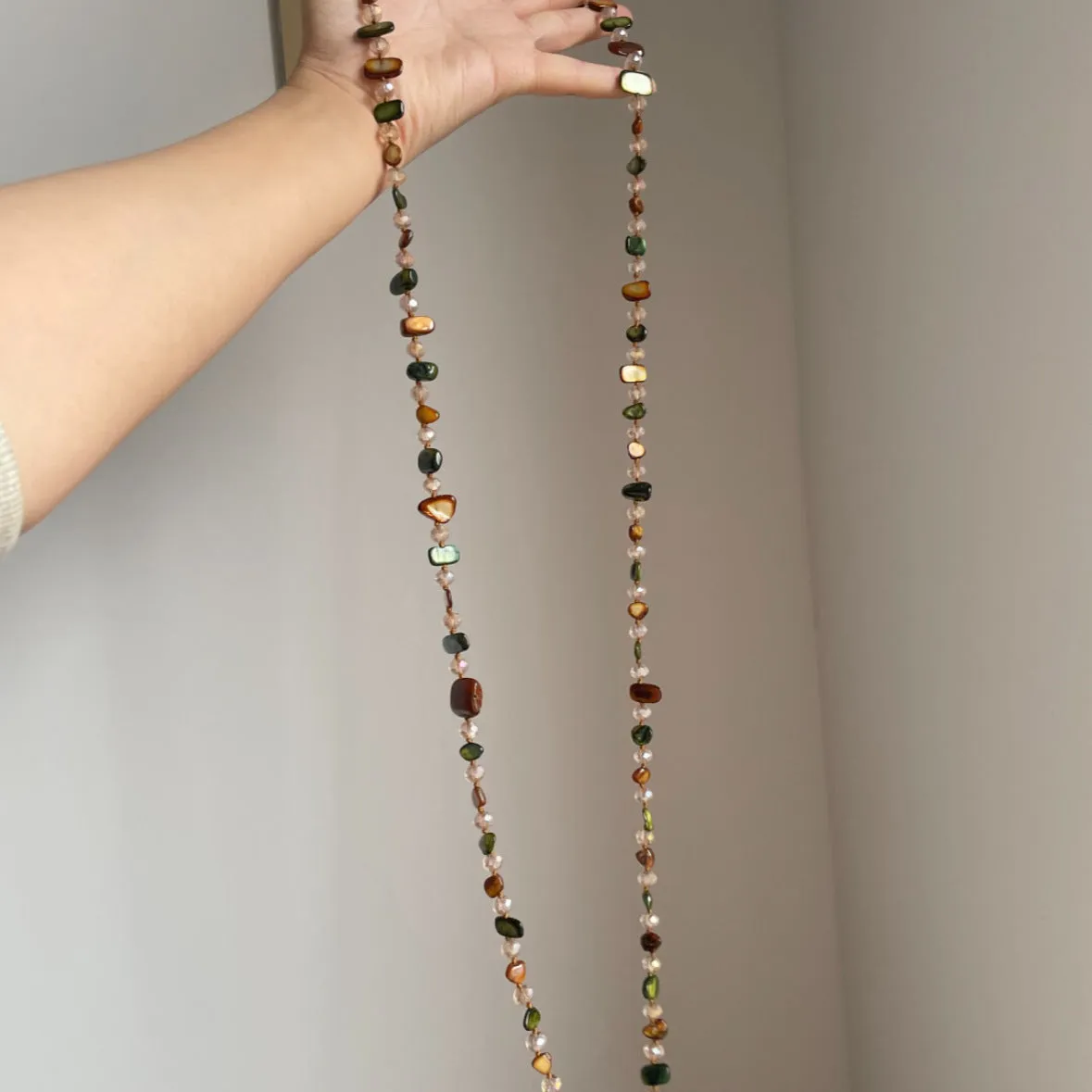 Retro bohemian colorful shell beaded double layer necklace in Coffee Green with mother of pearl geometric pendant