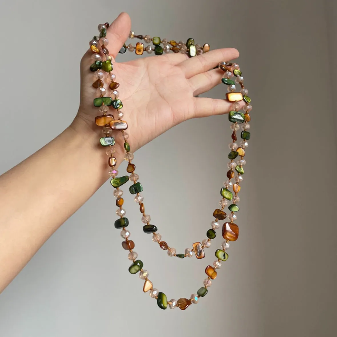 Retro bohemian colorful shell beaded double layer necklace in Coffee Green with mother of pearl geometric pendant