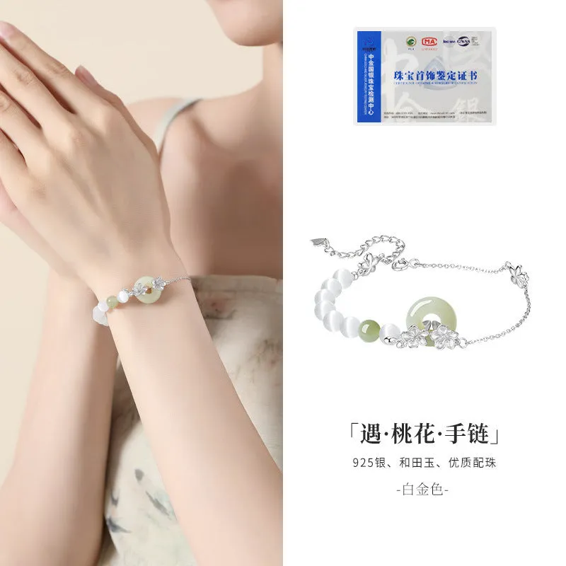 Women's silver bracelet with peach blossom design and safety buckle in New Chinese style jewellery