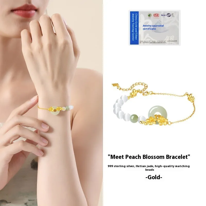 Women's silver bracelet with peach blossom design and safety buckle in New Chinese style jewellery