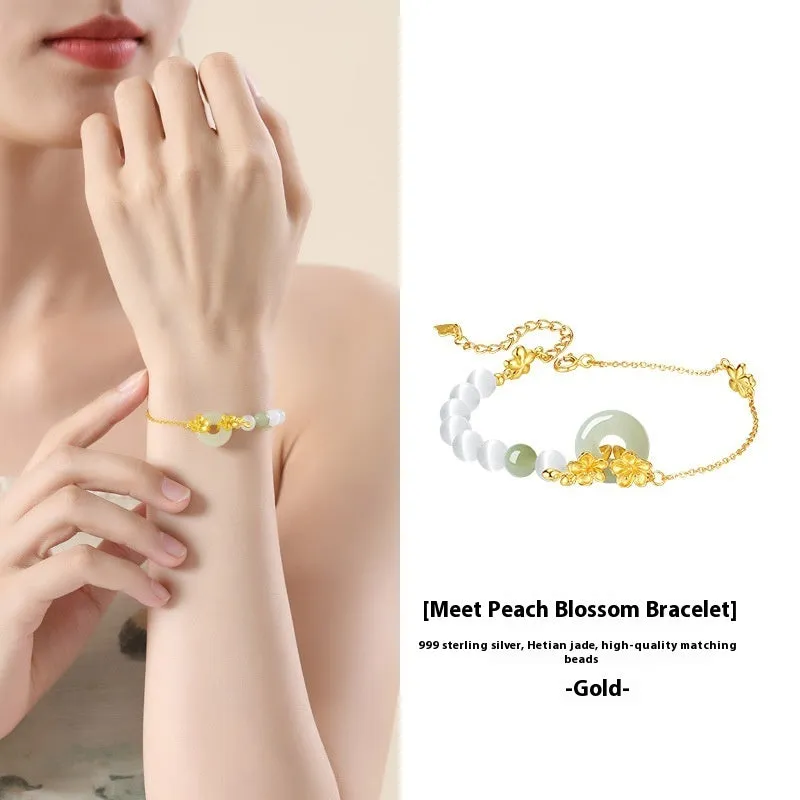 Women's silver bracelet with peach blossom design and safety buckle in New Chinese style jewellery