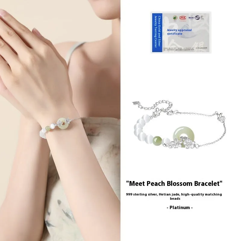 Women's silver bracelet with peach blossom design and safety buckle in New Chinese style jewellery