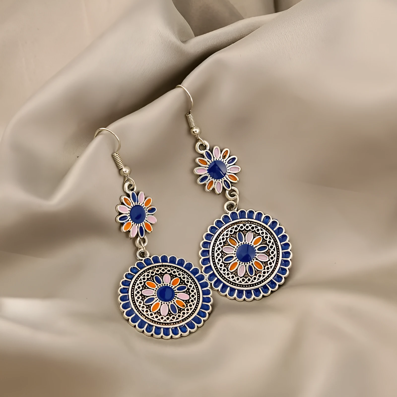 Exaggerated retro bohemian round sunflower earrings in blue and green alloy for women