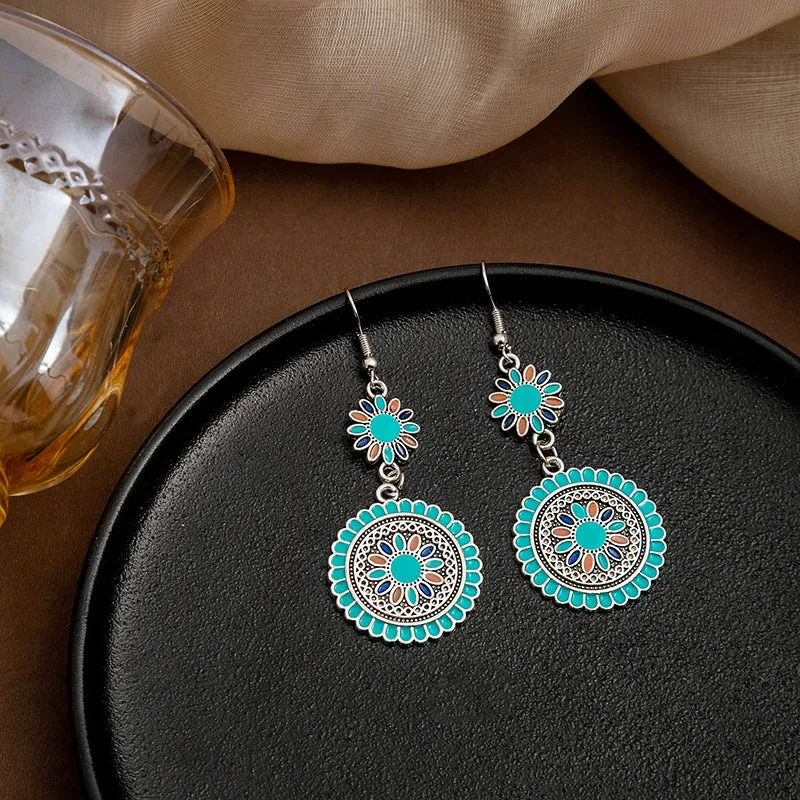 Exaggerated retro bohemian round sunflower earrings in blue and green alloy for women