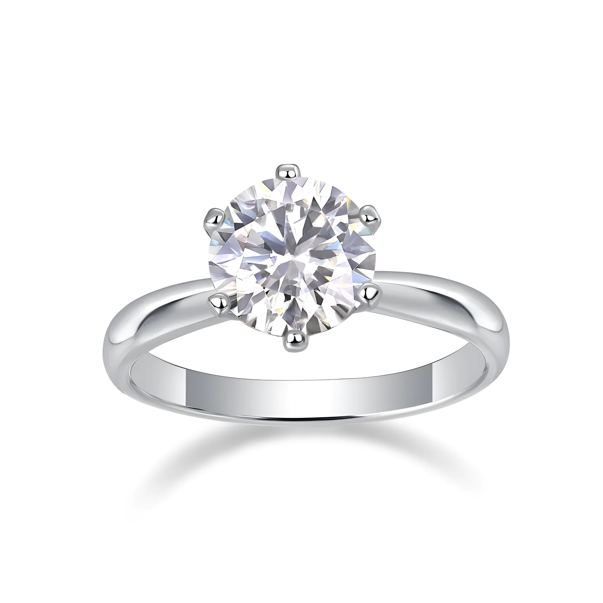 Classic six-prong moissanite wedding ring S925 silver platinum plated 1 carat stone on white background