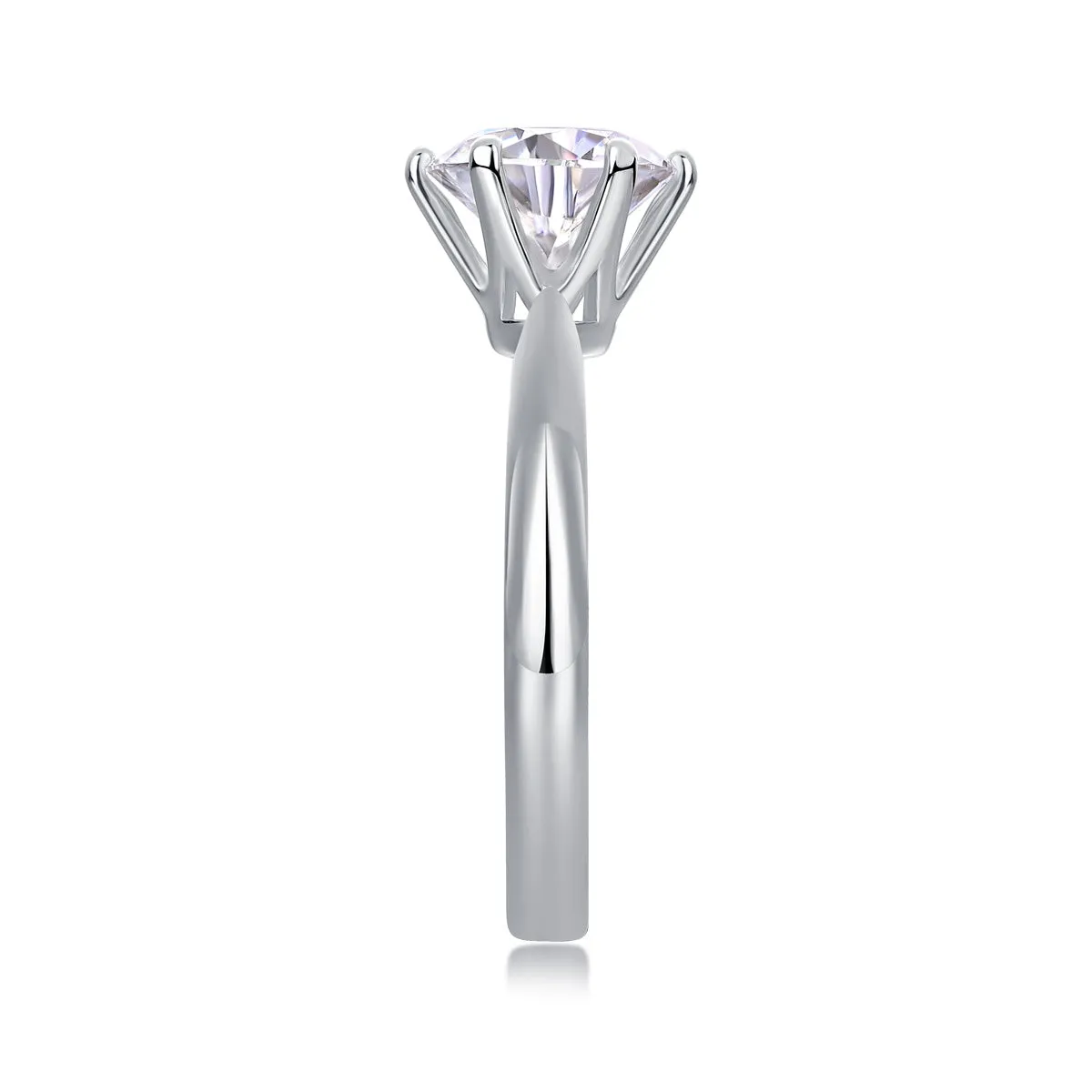 Classic six-prong moissanite wedding ring S925 silver platinum plated 1 carat stone on white background